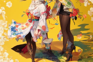 Official Art, Unity 8K Wallpaper, Extreme Detailed, Beautiful and Aesthetic, Masterpiece, Top Quality, perfect anatomy, 

1girl, solo, short hair, dress, standing, flower, short sleeves, pantyhose, high heels, cup, profile, floral print, bob cut, yellow background, drinking, yellow theme, 
Open air bar, fireworks, 

a beautifully drawn (((ink illustration))) depicting, vintage, pink and brown accents, watercolor painting, concept art, (best illustration), (best shadow), Analog Color Theme, vivid colours, contrast, smooth, sharp focus, scenery, 

(Pencil_Sketch:1.2,masterpiece, midjourney, best quality, incredibly absurdres, messy lines,high detail eyes,More Detail,perfect light,portrait, ,more detail XL,Ukiyo-e, ,ink