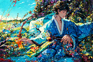 Official Art, Unity 8K Wallpaper, Extreme Detailed, Beautiful and Aesthetic, Masterpiece, Top Quality, perfect anatomy, 

solo, short hair, black hair, 1boy, holding, sitting, male focus, outdoors, japanese clothes, sky, day, pants, clouds, water, blue sky, tattoo, sandals, fish, grey pants, fishing rod, fishing, holding fishing rod, fishing line, blue theme, 

a beautifully drawn (((ink illustration))) depicting, vintage, purple and yellow accents, watercolor painting, concept art, (best illustration), (best shadow), Analog Color Theme, vivid colours, contrast, smooth, sharp focus, scenery, 

(Pencil_Sketch:1.2,masterpiece, midjourney, best quality, incredibly absurdres, messy lines,high detail eyes,More Detail,perfect light,portrait, ,more detail XL,Ukiyo-e, ,ink