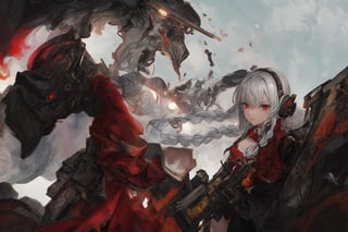 Official Art, Unity 8K Wallpaper, Extreme Detailed, Beautiful and Aesthetic, Masterpiece, Top Quality, perfect anatomy, 

1girl, solo, long hair, red eyes, thighhighs, weapon, braid, white hair, twin braids, gun, glowing, headphones, gatling gun, brown theme, woods, dusty,

a beautifully drawn (((ink illustration))) depicting, vintage, red and green accents, watercolor painting, concept art, (best illustration), (best shadow), Analog Color Theme, vivid colours, contrast, smooth, sharp focus, scenery, 

(Pencil_Sketch:1.2,masterpiece, midjourney, best quality, incredibly absurdres, messy lines,high detail eyes,More Detail,perfect light,portrait, ,more detail XL,Ukiyo-e, ,ink,colorful,samurai