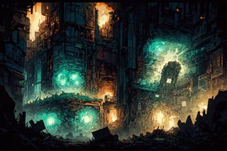 In an eerie digital dystopia, a towering figure emerges from the pixelated ruins, its metallic frame reflecting the sickly glow of neon lights. This haunting image is an oil painting that captures the essence of a futuristic world in decay. The figure's face is a mosaic of fractured screen displays, radiating an otherworldly beauty that belies the underlying chaos. Each pixel is painstakingly rendered with precision, creating a mesmerizing blend of technology and darkness. This mesmerizing piece encapsulates the allure of a world on the brink of collapse, inviting viewers to ponder the consequences of unchecked progress.,masterpiece