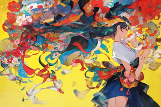 Official Art, Unity 8K Wallpaper, Extreme Detailed, Beautiful and Aesthetic, Masterpiece, Top Quality, perfect anatomy, 

1girl, solo, short hair, dress, standing, flower, short sleeves, pantyhose, high heels, cup, profile, floral print, bob cut, yellow background, drinking, yellow theme, 
Open air bar, fireworks, 

a beautifully drawn (((ink illustration))) depicting, vintage, pink and brown accents, watercolor painting, concept art, (best illustration), (best shadow), Analog Color Theme, vivid colours, contrast, smooth, sharp focus, scenery, 

(Pencil_Sketch:1.2,masterpiece, midjourney, best quality, incredibly absurdres, messy lines,high detail eyes,More Detail,perfect light,portrait, ,more detail XL,Ukiyo-e, ,ink