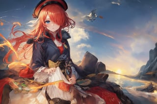 Official Art, Unity 8K Wallpaper, Extreme Detailed, Beautiful and Aesthetic, Masterpiece, Top Quality, perfect anatomy, 

1girl, solo, very long hair, bangs, blue eyes, skirt, indigo vest, long sleeves, hat, red hair, cape, hair over one eye, fur trim, indigo headwear, heterochromia, red cloak, fur-trimmed cloak, white shirt, boots, white pants, chinese clothes, bird, Tula Province, Russian Empire,
Source of life, sparkling stars, water feeder, aquatic tune, ginger, ice water, geranium, oak, impurity glass bottle, tweed cloak, Claret homemade equestrian skirt, Plateau lakes, snow mountains

a beautifully drawn (((ink illustration))) depicting, vintage, Claret and navy blue accents, watercolor painting, concept art, (best illustration), (best shadow), Analog Color Theme, vivid colours, contrast, smooth, sharp focus, scenery, 

(Pencil_Sketch:1.2,masterpiece, midjourney, best quality, incredibly absurdres, messy lines,high detail eyes,More Detail,perfect light,portrait, ,more detail XL,Ukiyo-e, ,ink,colorful,samurai