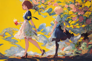 Official Art, Unity 8K Wallpaper, Extreme Detailed, Beautiful and Aesthetic, Masterpiece, Top Quality, perfect anatomy, 

1girl, solo, short hair, dress, standing, flower, short sleeves, pantyhose, high heels, cup, profile, floral print, bob cut, yellow background, drinking, yellow theme, 
Open air bar, fireworks, 

a beautifully drawn (((ink illustration))) depicting, vintage, pink and brown accents, watercolor painting, concept art, (best illustration), (best shadow), Analog Color Theme, vivid colours, contrast, smooth, sharp focus, scenery, 

(Pencil_Sketch:1.2,masterpiece, midjourney, best quality, incredibly absurdres, messy lines,high detail eyes,More Detail,perfect light,portrait, ,more detail XL,Ukiyo-e, ,ink