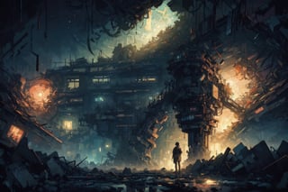 In an eerie digital dystopia, a towering figure emerges from the pixelated ruins, its metallic frame reflecting the sickly glow of neon lights. This haunting image is an oil painting that captures the essence of a futuristic world in decay. The figure's face is a mosaic of fractured screen displays, radiating an otherworldly beauty that belies the underlying chaos. Each pixel is painstakingly rendered with precision, creating a mesmerizing blend of technology and darkness. This mesmerizing piece encapsulates the allure of a world on the brink of collapse, inviting viewers to ponder the consequences of unchecked progress.,masterpiece