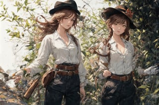 Official Art, Unity 8K Wallpaper, Extreme Detailed, Beautiful and Aesthetic, Masterpiece, Top Quality, perfect anatomy, 

1girl, solo, long hair, brown hair, shirt, gloves, holding, hair between eyes, standing, collarbone, yellow eyes, white shirt, belt, pants, single braid, black headwear, black pants, hair over shoulder, shirt tucked in, fake facial hair, fake mustache, Los Angeles, film stock, tracery, leather tones, cinnamon, cocoa nut, vanilla, amber, tolu balsam, notched fedora, bamboo cane, olive green cotton headband, stuntman,

a beautifully drawn (((ink illustration))) depicting, vintage, brown and green accents, watercolor painting, concept art, (best illustration), (best shadow), Analog Color Theme, vivid colours, contrast, smooth, sharp focus, scenery, 

(Pencil_Sketch:1.2,masterpiece, midjourney, best quality, incredibly absurdres, messy lines,high detail eyes,More Detail,perfect light,portrait, ,more detail XL,Ukiyo-e, ,ink,colorful,