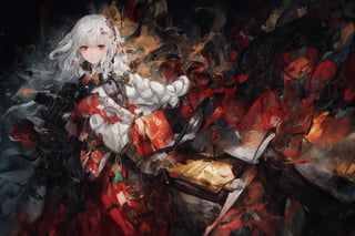 Official Art, Unity 8K Wallpaper, Extreme Detailed, Beautiful and Aesthetic, Masterpiece, Top Quality, perfect anatomy, 

1girl, solo, long hair, red eyes, thighhighs, weapon, braid, white hair, twin braids, gun, glowing, headphones, gatling gun, brown theme, woods, dusty,

a beautifully drawn (((ink illustration))) depicting, vintage, red and green accents, watercolor painting, concept art, (best illustration), (best shadow), Analog Color Theme, vivid colours, contrast, smooth, sharp focus, scenery, 

(Pencil_Sketch:1.2,masterpiece, midjourney, best quality, incredibly absurdres, messy lines,high detail eyes,More Detail,perfect light,portrait, ,more detail XL,Ukiyo-e, ,ink,colorful,samurai