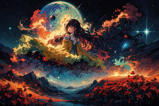 A serenely drifting Solarpunk galactic nomad, exuding tranquility and harmony amidst the stars. This game concept art is a digital painting, showcasing the character floating in a shimmering nebula. Their ethereal presence is highlighted by glowing flora woven into their flowing robes, reflecting the vibrant hues of distant planets in their skin. Each intricate detail is rendered with stunning clarity, immersing the viewer in a world of cosmic beauty and peace.,(Pencil_Sketch:1.2,masterpiece, messy lines,best quality