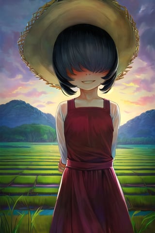 masterpiece, best quality, solo, 1girl,arms behind back,loli,goust,rain, small_breast, smile,(dusk:1.3), Beside the rice fields,black_hair red dress,straw hat,wet_clothes,short_hair,hair over eyes