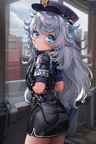 masterpiece, best quality,solo,1girl, looking at viewer, arms behind back ,(loli:1.2), long hair, blue eyes,white hair, messy hair, hat,  black skirt,police uniform,short sleeves