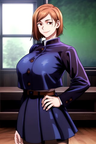 masterpiece, best quality,1girl,{{gigantic_breasts:1.33}},detailed face, beautiful face, (detailed eyes, deep eyes), (cowboy shot), nobara kugisaki, brown eyes, jujutsu kaisen, school uniform, blue jacket, blue skirt, brown belt, pantyhose,smile, scenery, indoors, window, intricately detailed, hands_on_hips, hyperdetailed, depth of field, intricate details, tonemapping, sharp focus, hyper detailed, trending on Artstation, high res, official art,