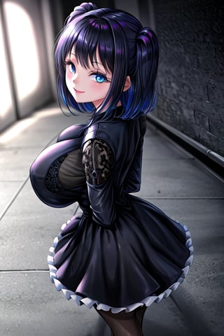 masterpiece, best quality, solo, 1girl, (arms behind back:1.1),dark tunnel,looking at viewer,smile,gigantic_breast, blue eyes, black hair,  mesh  dress, from above