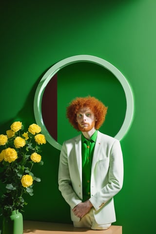 a green wall with a circular mirror, white ceramic frame, in the mirror a man with red curly hair is reflected, he has large green eyes. From the ceramic of the mirror comes a yellow rose that casts a shadow on the wall.