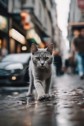 cinematic photo {a realistic photo of a scared  gray  cat  with a sardine in  mouth running being chased by several people in a street of a market during a rainy day} . 35mm photograph, film, bokeh, professional, 4k, highly detailed