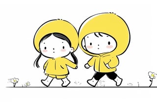 a boy and a girl walking on street, Line Chibi yellow, sping, white background, 