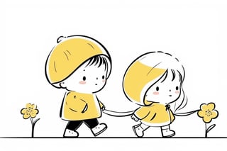 a boy and a girl walking on street, Line Chibi yellow, sping, white background, 