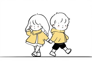 a boy and a girl walking on street, Line Chibi yellow, sping, white background, 