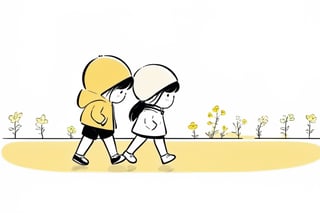 a boy and a girl walking on street, Line Chibi yellow, sping, white background, 