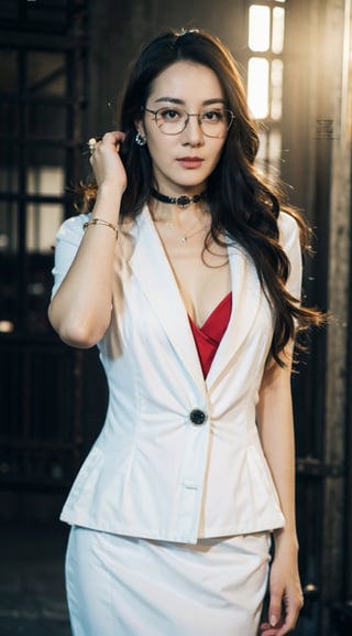 Masterpiece,best quality,official art asian,teen, long brunette curly hair, random color sexy formal suit, ,choker,glasses dynamic lighting,Portrait,dream_girl,Photorealism, dynamic pose,flash, sexy pose, full body portrait, earing, necklace