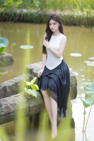 xxmixgirl, (masterpiece:1.5, (highest quality:1.4), (HDR:1.5), full body portrait, a girl with long hair looking at sky, with lotus lake background and ao_yem dress, in lotus lake, constant, a character portrait, synchronization, detailed, realistic, 8k uhd, high quality, xxmix_girl , showing_armpits, armpits,xxmix_girl, intercourse,  armpit,Vietnamese girl wear aoyem, transparent ao_yem, wide angle shot, full body 16:9, covered nipples