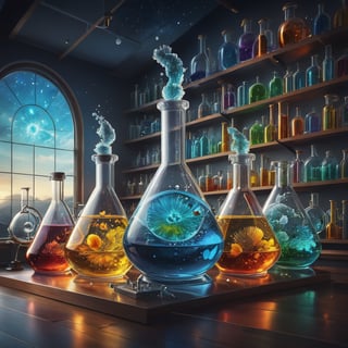 A visually striking depiction of a scientific laboratory, expertly crafted with meticulous detail: a collection of glass flasks aligned in perfect symmetry, showcasing an array of vibrant chemistry and physics elements. This captivating image, perhaps a digital illustration or a photograph, immerses the viewer in a world of scientific discovery. Each flask exudes an air of sophistication and precision, with clarity of glass that allows the viewer to admire the intricate scientific processes taking place within. The colours employed are vibrant, adding a sense of dynamism to the static objects. This high-quality image beautifully captures the essence of scientific exploration, inviting viewers to delve into the captivating realm of scientific discovery.