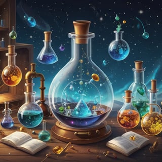 "Explore the wonders of science with a visually stunning illustration featuring intricate glass flasks and a variety of chemistry and physics elements."