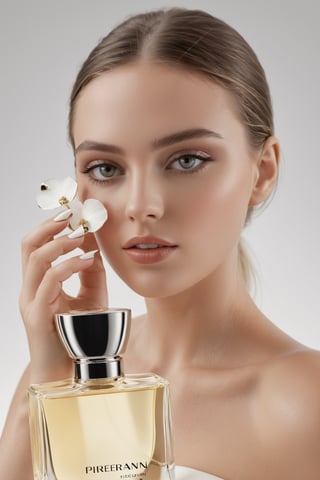 In this captivating still image, a mesmerizing female model personifies a perfume brand, gracefully holding a perfume bottle in her hand while striking a pose that emanates sophistication and charm. The setting is a chic, minimalist studio, with clean lines and an ethereal atmosphere. The lighting accentuates the model's flawless complexion and the exquisite design of the perfume bottle. This expertly composed photograph encapsulates both the allure of the model and the essence of the perfume campaign, the centre of the frame.