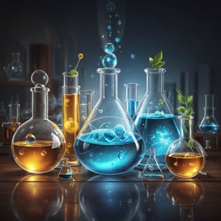 Create a photorealistic illustration of a science background with flasks made of glass and various elements of chemistry and physics. The image should showcase the intricate details of the glass flasks, highlighting their transparency and reflections. Incorporate scientific elements such as chemical formulas, equations, and symbols related to chemistry and physics. The lighting should be natural and soft, enhancing the realism of the scene. The camera used is up to the artist's discretion, and the resolution should be high to capture the fine details of the scientific design.