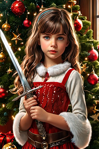 ((9 year old girl:1.5)), 1 girl, small, bangs, red lips, choker,  ((brown hair:1.3)), (aquamarine eyes ), holding sword, detailed face, standing in front of christmas tree, beautiful eyes, natural light, (( realism: 1.2)), cinematic lighting, perfect composition, ultra detailed, masterpiece, (best quality: 1.3), reflections, cg unity 8k wallpaper extremely detailed, detailed background, masterpiece, best quality, (masterpiece), (best quality: 1.4), (ultra high resolution: 1.2), (hyperrealistic: 1.4), (photorealistic: 1.2), best quality, high quality, high resolution, ((eyebrows thick: 1.1)), ((Christmas decorations)), ((Santa Claus bra)), perfect light