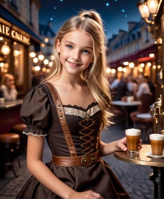 10-year old girl, (1 slim girl) (masterpiece, best quality, highres:1.3), playful young girl, shy smile, Parisian cafe, night time, sexy dress, blonde hair, steampunk style