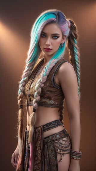 Full body professional photo of a beautiful fantasy model with (pastel hair,long hair,
French braided ponytail hair:1.3), extremely detailed hair bangs,(hair in front of eye:1.3).she is looking into the camera, henna pattern eye makeup, thick super long lashes, brown matte lipstick with thick lipliner,
,ultra-clear, high definition photography, dramatic lighting.  intricate silk scarves,brown and white jewellery, earrings, abstract neon backgrounds, fashion shoot, in the style of, Karol Bak, colorful, eye-catching compositions, vibrant palettes, play of light and shade, sparkling sunlight, super detailed, 8k, trending on artstation, sharp focus, studio photo, intricate details, highly detailed, by greg rutkowski,wide angle view from top,(full body:1.3),