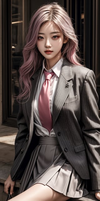 1girl, solo, long hair, looking at viewer, skirt, shirt, sitting, jacket, white shirt, pink hair, necktie, formal, suit, grey jacket