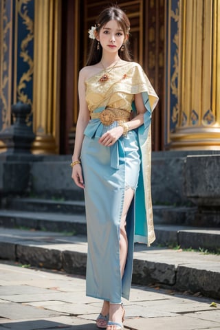  Woman Standing, Oval Face, wavy hair, An elegant traditional Thai dress in cream and Ivory, featuring an intricate golden embroidery on the bodice and hem. The dress has a straight-cut silhouette with a Thai silk wrap-around skirt in green. It is accessorized with gold jewelry, including bracelets, arm cuffs, and earrings, adorned with green gemstones., which is characteristic of Thai formal wear.Grand Palace Thailand,Outdoors, rim light, analog film photo, Kodachrome