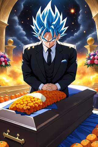 DragonBall Z, goku, vegeta, wearing suit, funeral, sad, ultra-detailed, best quality, masterpiece, Fizzlespell style,CartooNuclear Meltdown style