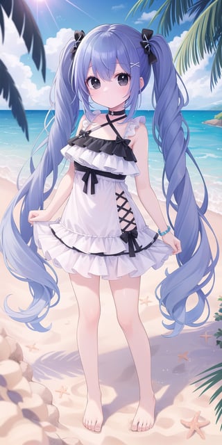 1girl,dark blue hair,(black eyes:1.4),long messy hair,twintails,beautiful detailed eyes,extremely detailes face,summer outfit,beach,standing,on sand barefooot,sunny,clear sky,full body, kawaii, accessories