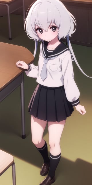 junkokonno, , junko konno, low twintails, (black eyes:1.5), twintails, white hair, BREAK sailor dress, serafuku, skirt, school uniform, white necktie, necktie, long sleeves, BREAK looking at viewer, full body, BREAK indoors, classroom, (masterpiece:1.2), best quality, high resolution, unity 8k wallpaper, (illustration:0.8), (beautiful detailed eyes:1.6), extremely detailed face, perfect lighting, extremely detailed CG, (perfect hands, perfect anatomy),junko konno