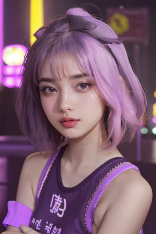 a girl in a purple top in a neon city, in the style of chinapunk, iconic album covers, soft-focus portraits, luke fildes, light amber and silver, exotic, captivating lighting 
,frey4,n4git4,Fuj1