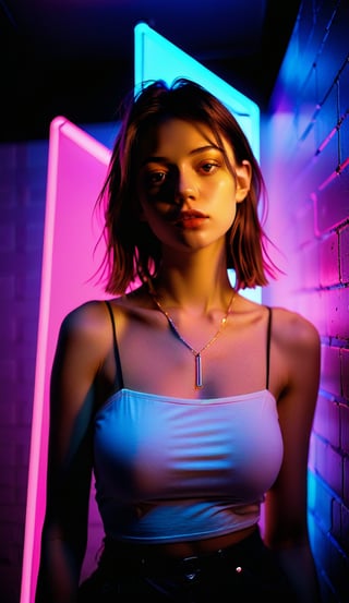 Girl posing solo under neon lights, stylish, contemporary, chic, trendy, self-assured, DSLR camera, prime lens, evening, fashion editorial shoot, color film, medium realism, dramatic neon lighting,gh3a,ch3ls3a,b3rli