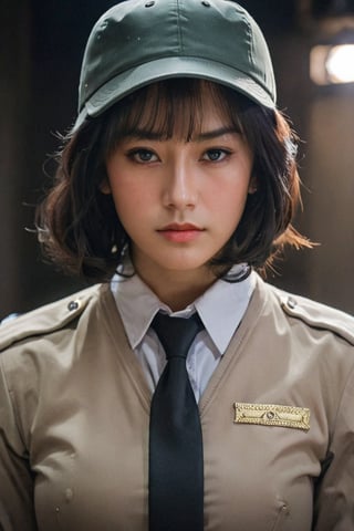 A young woman in a military uniform stands solo, looking directly at the viewer with an intense gaze. Her bangs frame her face, and her shirt is covered by a jacket with long sleeves. Her eyes glow red as she wears black gloves and a necktie, adding to the mysterious atmosphere. White and grey hair peeks out from under her hat, which matches the color of her military uniform. The framing of the shot focuses on her upper body, drawing attention to her closed mouth and piercing gaze, photorealistic:1.3, best quality, masterpiece,MikieHara,