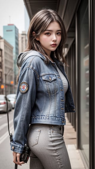 (masterpiece, best quality, photorealistic, trending on artstation:1.2), (skilled female photographer:1.3) with (short, stylishly messy brown hair:1.1) and (vintage camera slung over shoulder:1.2), wearing a (fashionable denim jacket:1.2) with (urban-inspired patches:1.1), holding a (professional DSLR camera:1.4) with (intricate lens details:1.2), creative atmosphere, observant emotion, urban tone, medium intensity, inspired by street photography and urban landscapes, gritty aesthetic, monochromatic color palette with (rich gray accents:1.1), introspective mood, soft natural lighting, side view, looking out at the cityscape through the camera lens, surrounded by (urban skyscrapers:1.2) and (city streets:1.1), focal point on the photographer's face, highly realistic fabric texture, atmospheric mist effect, high image complexity, detailed environment, subtle movement of the photographer's hands, contemplative energy.,s4str0,frey4,ghiselakell,chines,angelkaramoy, 