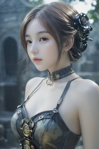 xxmix_girl, a harmonic hybridization of eerie graveyard and steampunk theme, masterpiece, extremely high resolution, photorealistic, full naked body, high angle view,A 17-years-old beautiful Yukime with naked body, pronounced facial features, ethereal glamorous beautiful face,ch3ls3a