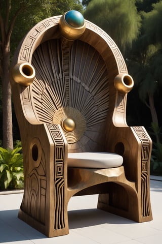 (masterpiece, best quality, high quality), fine art image design of an outdoors throne bench made of natural materials in alien shaped forms highly inspired by afro-futurism for a King and Sun Ra, must be extremely original and professional design exposed in the best artificial focused installation with perfect realistic shape depth textures and highly intricate as in fine art