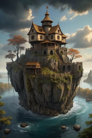 Create a unique and enchanting medieval bulding on top of a rock surrounded by water, tapestry of folklore and epic tales, by Miyazaki, by Ghibli and Andy Kehoe, cute and charming, detailed and captivating illustration, masterpiece, semi-realism, epic, gorgeous, highly detailed, dim light, 

stalker