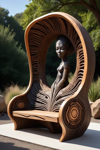 (masterpiece, best quality, high quality), fine art image design of an outdoors bench made of natural materials in alien shaped forms highly inspired by afro-futurism of Octavia Butler and Wangechi Mutu and Sun Ra, must be extremely original and professional design exposed in the best artificial focused installation with perfect realistic shape depth textures and highly intricate as in fine art