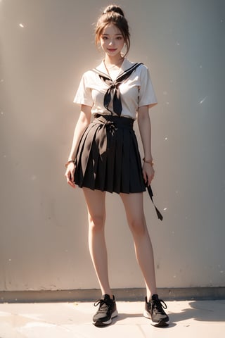 (best quality), ((masterpiece)), (highres), illustration, original, extremely detailed, (二次元大系·御姐篇_V1.0:0.7)zlqs, 1girl, skirt, solo, shoes, full body, white background, school uniform, brown hair, black skirt, simple background, smile, looking at viewer, jewelry, pleated skirt, clothes around waist, short sleeves, breasts, standing, sneakers, white shirt, bracelet, ponytail, shirt, serafuku, neckerchief, sailor collar, bangs, large breasts, socks, purple eyes, jacket, closed mouth, black sailor collar, sweater ,Realism