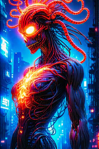 In a dystopian metropolis, an otherworldly AI superstar stands tall, its humanoid form crafted from intricate circuits and wires. The artificial brain, a glowing hub of blue light, pulses with energy as the being gazes out into the cityscape. Red, fiery Lovecraftian tentacles slither around its neck, a symbol of its cyberpunk allure. Marvel Studios concept art brings this digital painting to life in stunning 8K detail, with smooth, sharp focus and intricate design. Inspired by League of Legends concept art, S0ul0fsc1f1's futuristic creation shines with elegance and mystery.