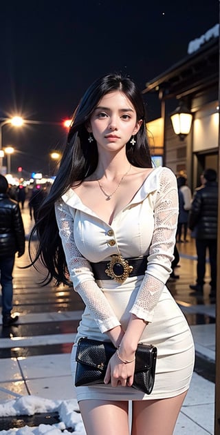 Beautiful and delicate light, (beautiful and delicate eyes), pale skin, big smile, brown eyes, black brown long hair, dreamy, c cup chest, 2000s (style), front shot, Asian girl, bangs, soft expression, height 170, elegance, bright smile, 8k art photo, realistic concept art, realistic, portrait, necklace, small earrings, handbag, fantasy, jewelry, shyness,  white_shirt, one piece dress, snowy street, footprints, stars_(sky), night_sky, ,JeeSoo 