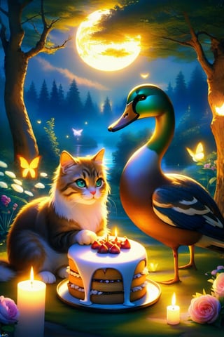 A serene forest glade at dusk, bathed in warm sunlight and soft moonlight. A stunning cat with shimmering fur and piercing eyes lounges amidst lush greenery, while a majestic duck with iridescent feathers waddles alongside, both reflecting the beauty of their surroundings. In the distance, a delectable cake adorned with candles and flowers sits on a pedestal, symbolizing the sweetness and joy that life has to offer.