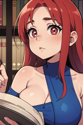 A girl with long red hair and red pupils, wearing a blue gown, looking at a thick book. The shot is a close-up.