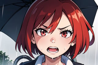 red-haired, red-eyed girl with a broken umbrella, her face full of fear and surprise, with a background of heavy rain and strong wind.