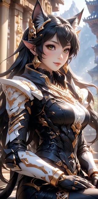 A majestic Miqo'te maiden sits serenely, her long, black locks with wispy bangs flowing like a dark waterfall down her back. Her piercing brown eyes gaze off to the side, a subtle smile playing on her lips. A delicate bracelet adorns her wrist, and a matching ring sparkles on her finger. Cat ears sprout from her head, their whisker markings a testament to her feline heritage. A head rest supports her wavy tresses as she sits in repose, the blurry background dissolving into soft focus. The only hint of jewelry is a small facial mark, adding an air of mystique to this stunning avatar's visage.